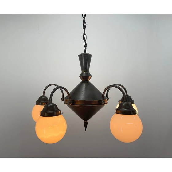 Image 1 of Lampadario vintage Art Déco in metallo e vetro lattimo, anni '30