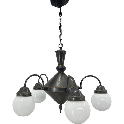 Art Deco vintage metal and milk glass chandelier, 1930s