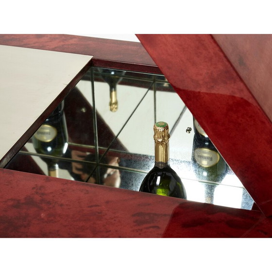 Image 1 of Vintage red parchment and steel coffee table with bar by Aldo Tura, Italy 1960