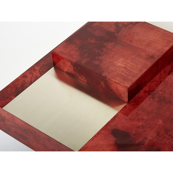 Image 1 of Vintage red parchment and steel coffee table with bar by Aldo Tura, Italy 1960
