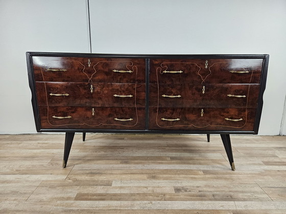 Image 1 of 1960S Chest Of Drawers In Mahogany And Lacquered Mahogany With Blue Glass