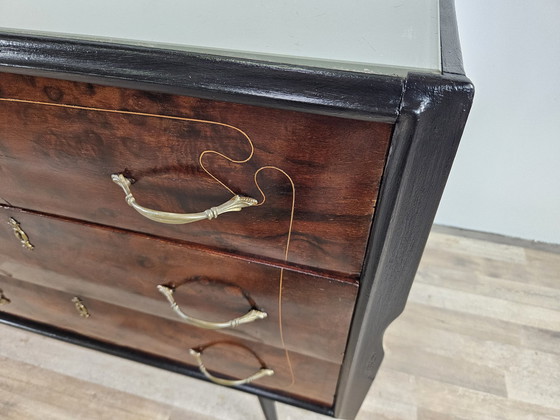 Image 1 of 1960S Chest Of Drawers In Mahogany And Lacquered Mahogany With Blue Glass