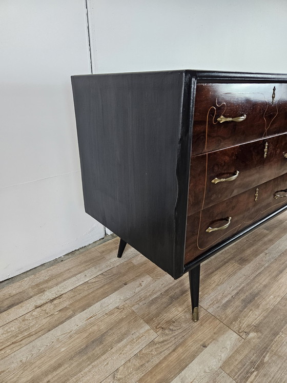 Image 1 of 1960S Chest Of Drawers In Mahogany And Lacquered Mahogany With Blue Glass