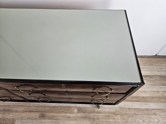 Image 1 of 1960S Chest Of Drawers In Mahogany And Lacquered Mahogany With Blue Glass