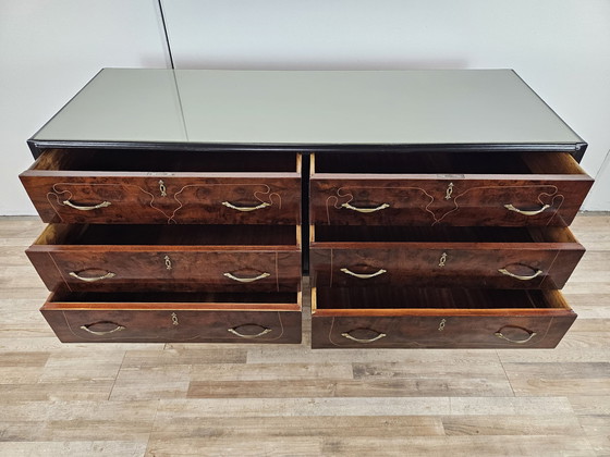 Image 1 of 1960S Chest Of Drawers In Mahogany And Lacquered Mahogany With Blue Glass