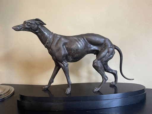 Statue Greyhound Dog Art Deco 1920 On Marble Pedestal