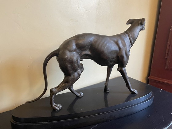 Image 1 of Statue Greyhound Dog Art Deco 1920 On Marble Pedestal