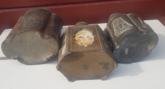 Image 1 of 3 contenitori per il tè in peltro cinese antico