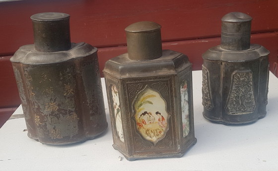 Image 1 of 3 contenitori per il tè in peltro cinese antico