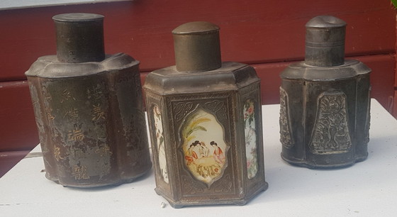 Image 1 of 3 contenitori per il tè in peltro cinese antico