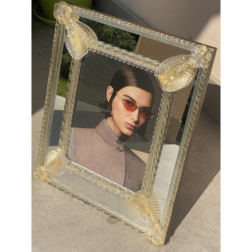 Contemporary Venetian Rectangular Photo Frame In Transparent And Gold Murano Glass