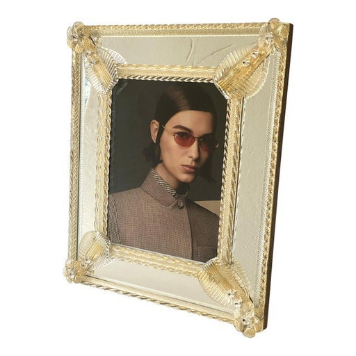 Contemporary Venetian Rectangular Photo Frame In Transparent And Gold Murano Glass