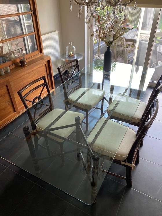 Image 1 of McGuire vintage Glass Dining Table + Dining Chairs (6)