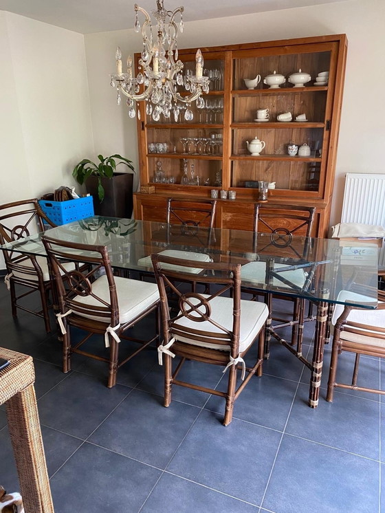 Image 1 of McGuire vintage Glass Dining Table + Dining Chairs (6)