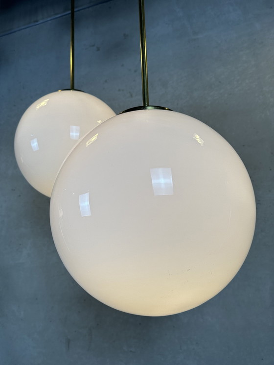 Image 1 of 11X Art Deco Xl Pendant Lamps - Opaline And Brass