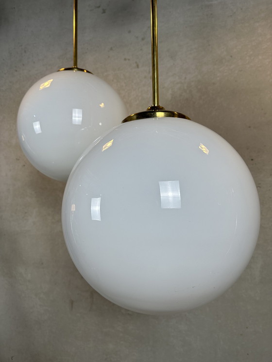 Image 1 of 11X Art Deco Xl Pendant Lamps - Opaline And Brass