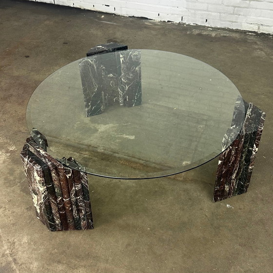 Image 1 of Italian Vintage Coffee Table With Glass Top And Bordeaux Marble Legs