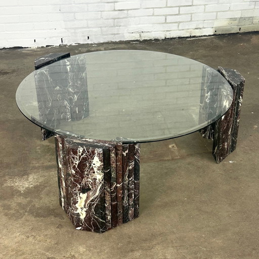 Italian Vintage Coffee Table With Glass Top And Bordeaux Marble Legs