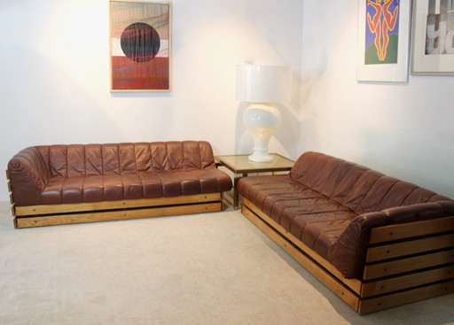 Dutch Lounge Sofa Set in Wood and Cognac Leather