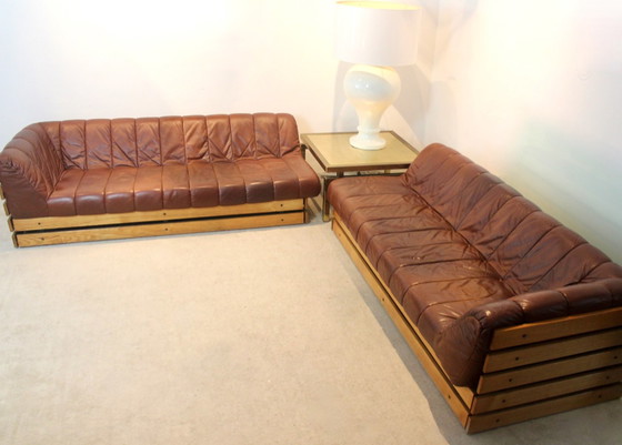 Image 1 of Dutch Lounge Sofa Set in Wood and Cognac Leather