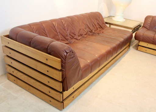 Dutch Lounge Sofa Set in Wood and Cognac Leather