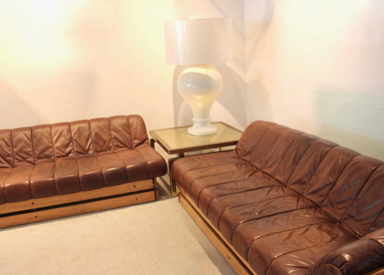 Image 1 of Dutch Lounge Sofa Set in Wood and Cognac Leather