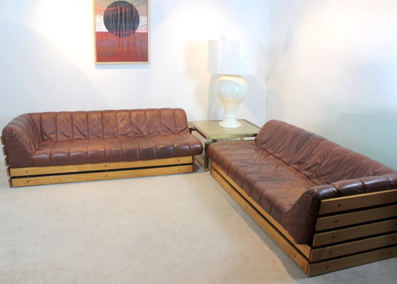 Image 1 of Dutch Lounge Sofa Set in Wood and Cognac Leather