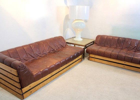 Image 1 of Dutch Lounge Sofa Set in Wood and Cognac Leather