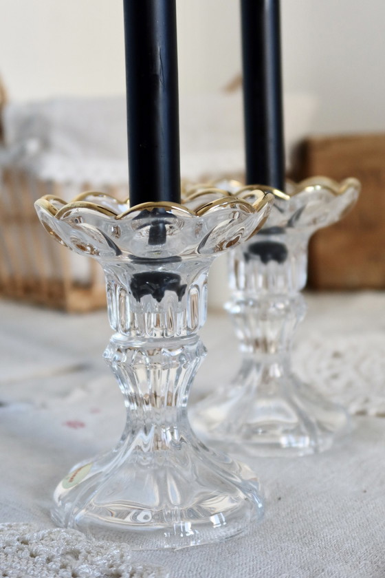 Image 1 of Elegant Pair Of Vintage Glass Candleholders Gold Edging