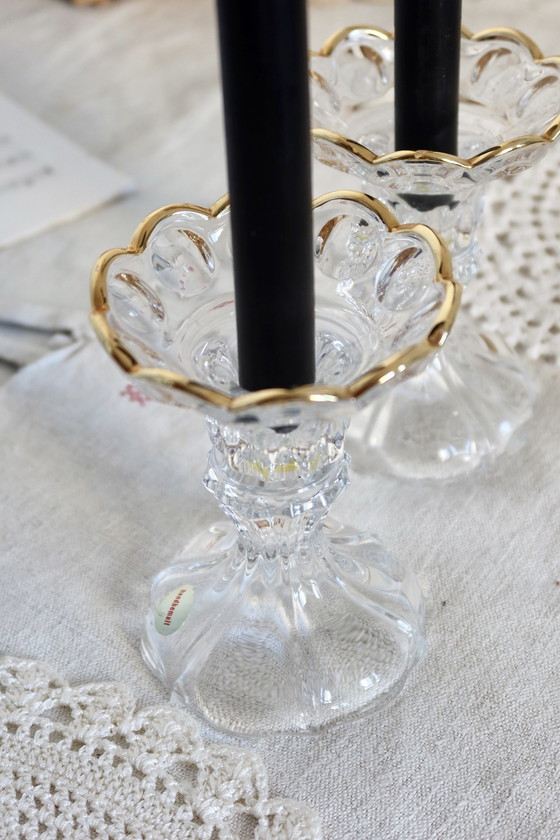 Image 1 of Elegant Pair Of Vintage Glass Candleholders Gold Edging