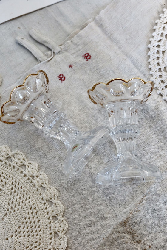 Image 1 of Elegant Pair Of Vintage Glass Candleholders Gold Edging