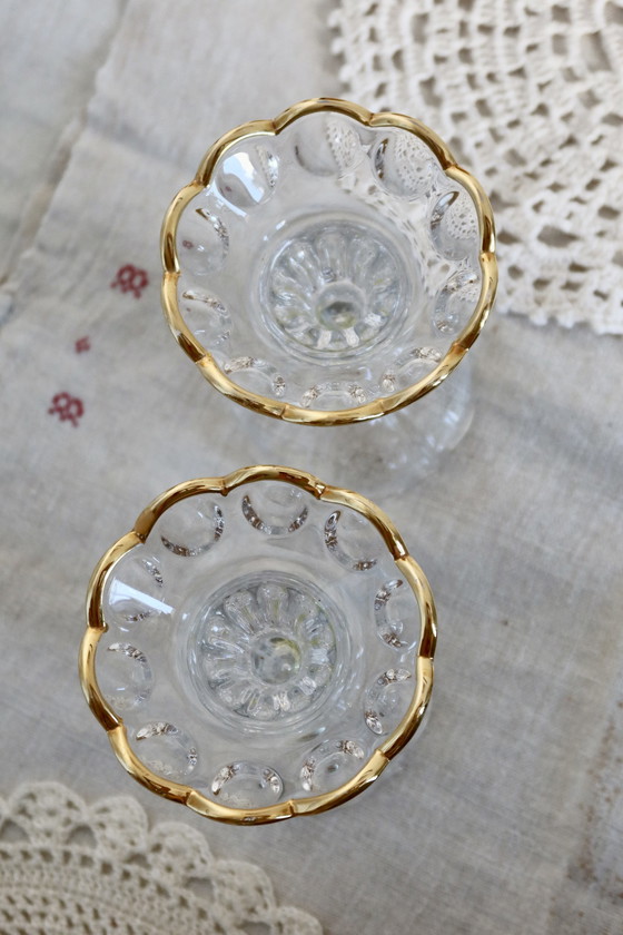 Image 1 of Elegant Pair Of Vintage Glass Candleholders Gold Edging