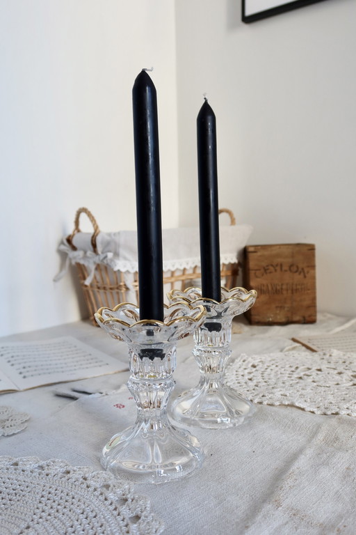 Elegant Pair Of Vintage Glass Candleholders Gold Edging