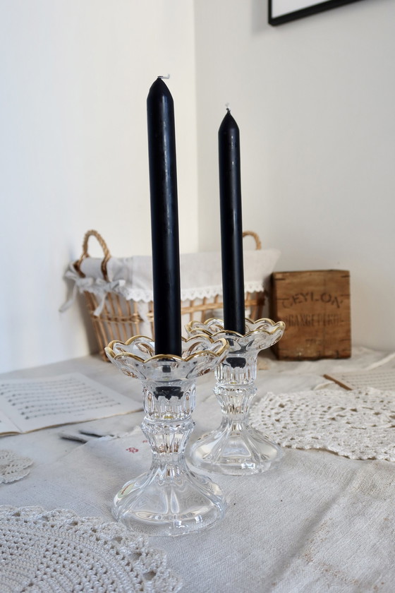 Image 1 of Elegant Pair Of Vintage Glass Candleholders Gold Edging