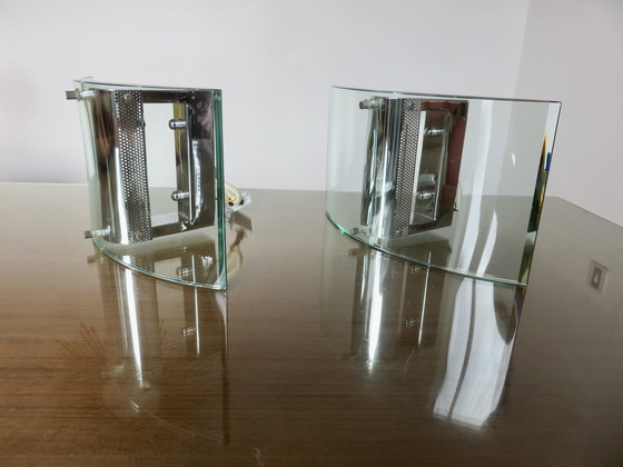 Image 1 of Pair Of Chromed Metal And Glass Memphis Style Italian Wall Lamps, 1980