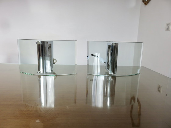 Image 1 of Pair Of Chromed Metal And Glass Memphis Style Italian Wall Lamps, 1980