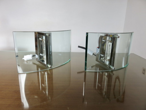 Pair Of Chromed Metal And Glass Memphis Style Italian Wall Lamps, 1980