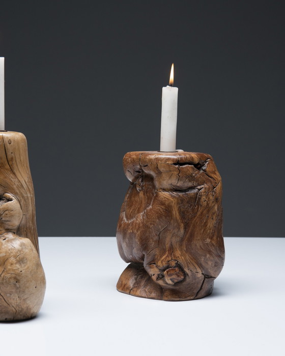 Image 1 of 2x Burl Wood candle holder