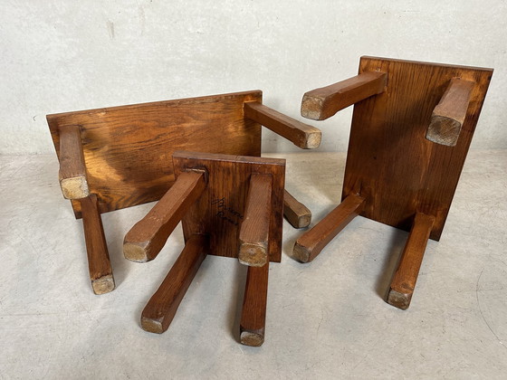 Image 1 of 3X Brutalist Nesting Tables - Oak