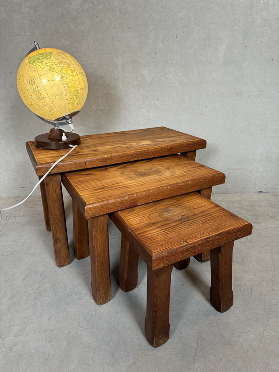 Image 1 of 3X Brutalist Nesting Tables - Oak