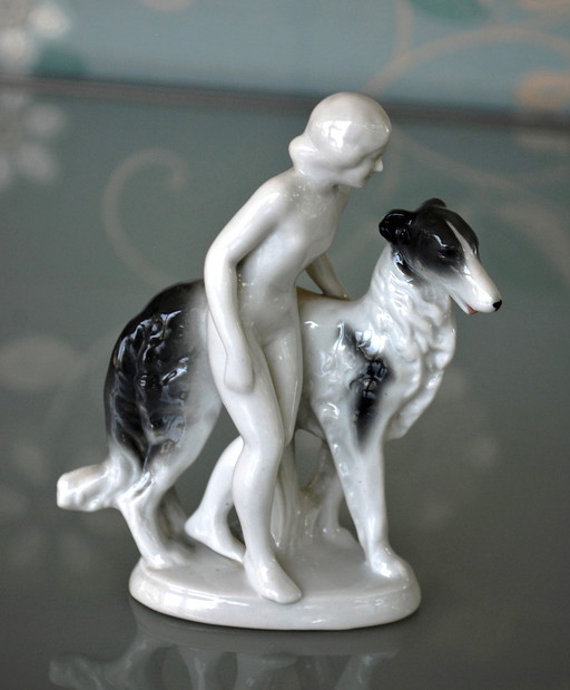 Woman With Sighthound, Borzoi 1920- 1930 Fasold & Stauch Porcelain Factory