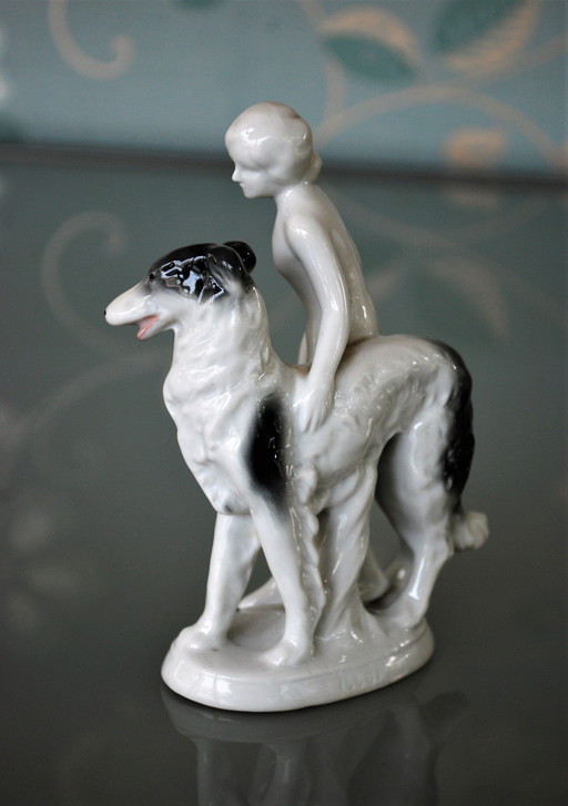 Woman With Sighthound, Borzoi 1920- 1930 Fasold & Stauch Porcelain Factory