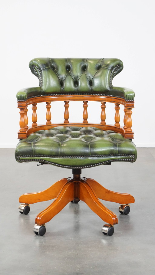 Green Beef Leather and Wood Chesterfield Office Chair