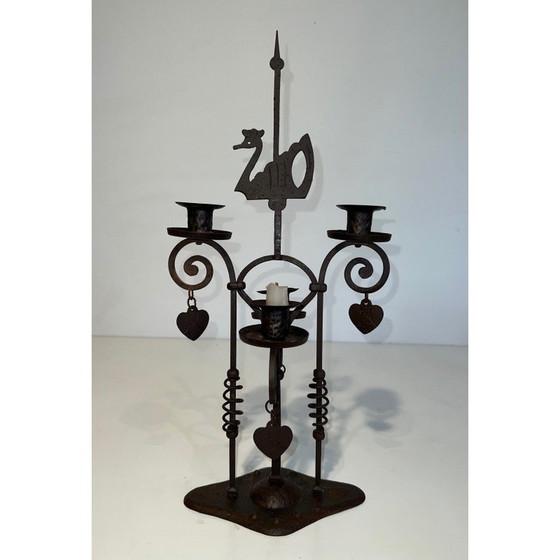 Image 1 of Vintage wrought iron candelabra with 2 lights representing a swan, France 1950