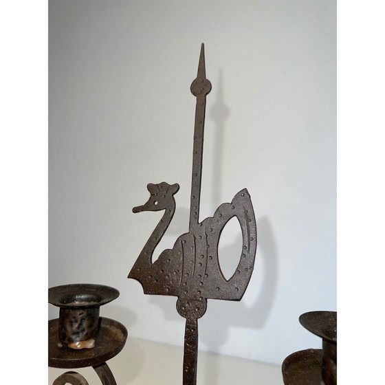 Image 1 of Vintage wrought iron candelabra with 2 lights representing a swan, France 1950