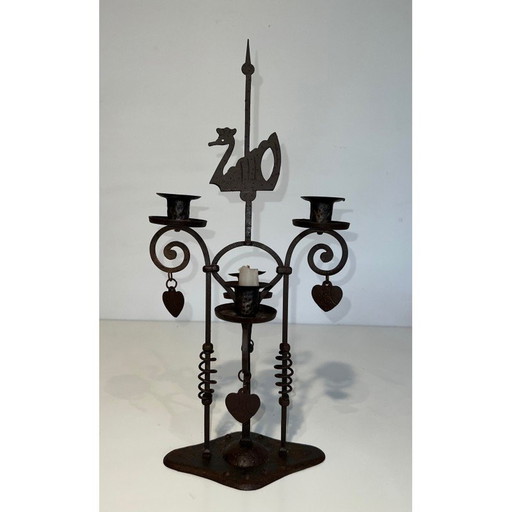 Vintage wrought iron candelabra with 2 lights representing a swan, France 1950
