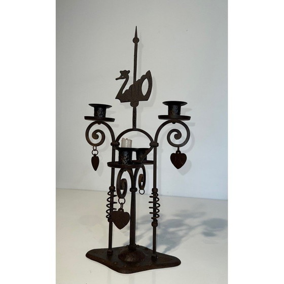 Image 1 of Vintage wrought iron candelabra with 2 lights representing a swan, France 1950