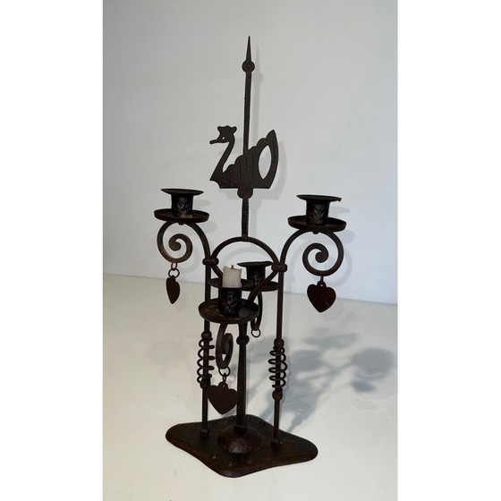 Image 1 of Vintage wrought iron candelabra with 2 lights representing a swan, France 1950