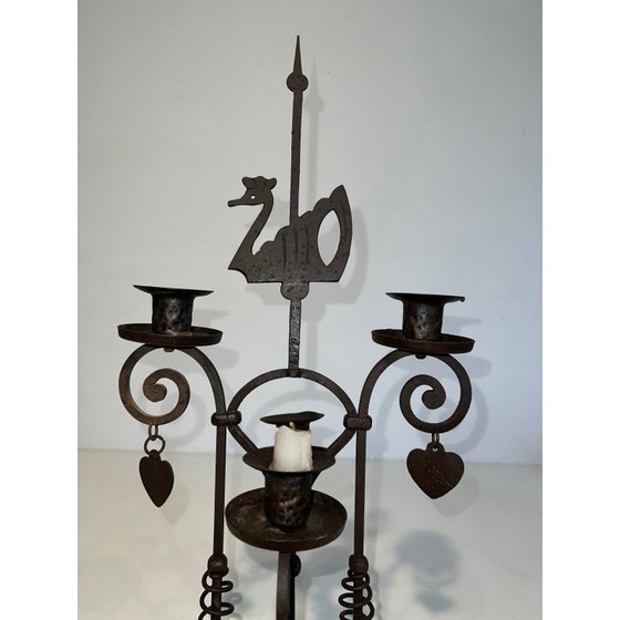 Image 1 of Vintage wrought iron candelabra with 2 lights representing a swan, France 1950