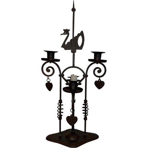 Vintage wrought iron candelabra with 2 lights representing a swan, France 1950